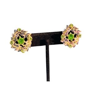 Vintage Screw Back Green Crystal Purple Enamel Gold‎ Tone Earrings Victorian